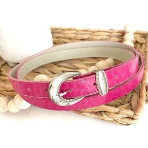 Pink Western Belt Leather Crocodile-Embossed Skinny Belt with Silver Buckle